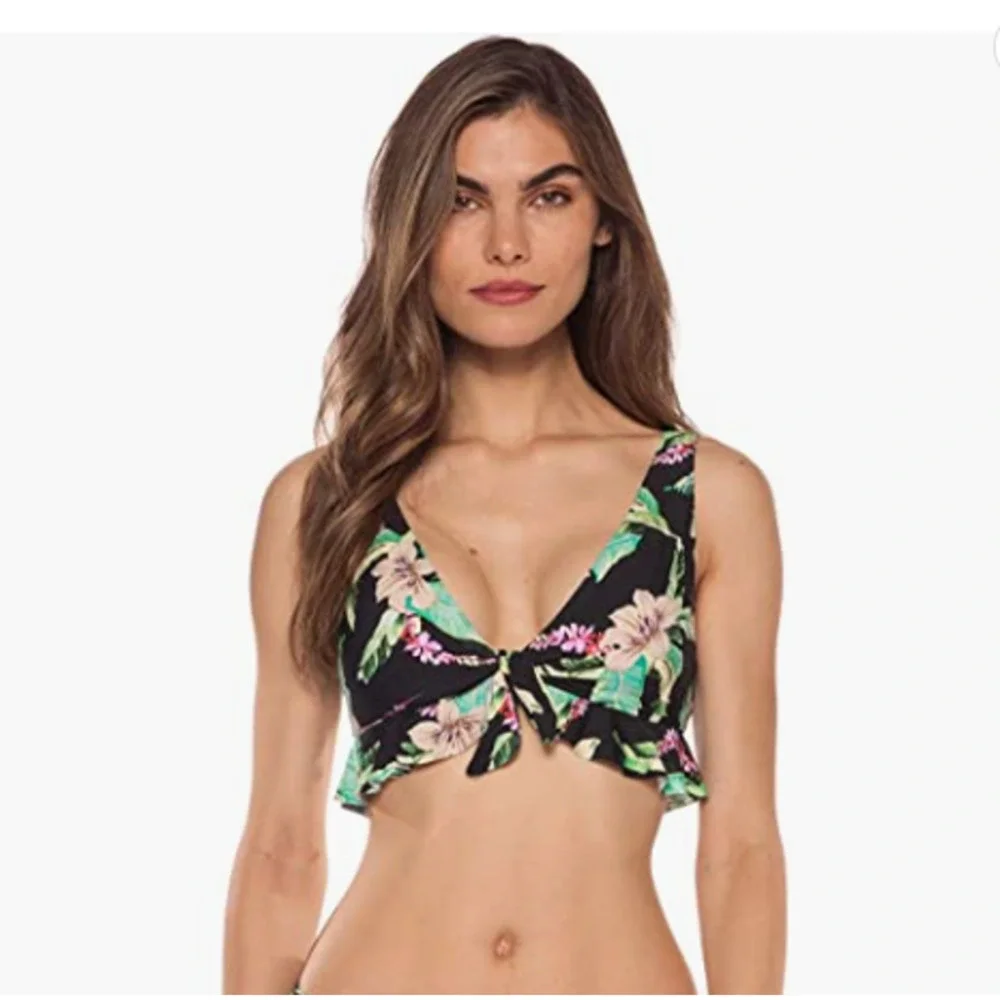 NWT! Isabella Rose Islander Ruffle Bikini Top Black Floral Large ~ Pool or Beach - Picture 1 of 9